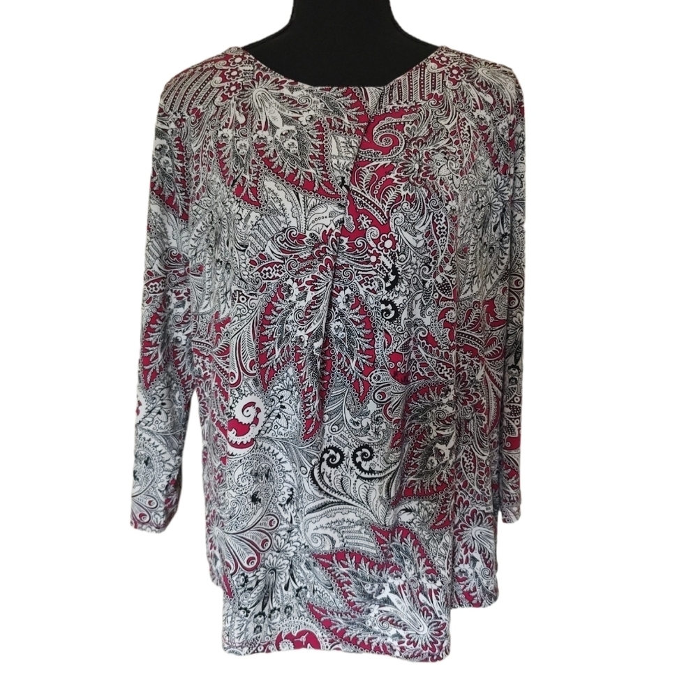 Liz Claiborne Career 3/4 Sleeve Blouse in Magenta, Black & White Design …